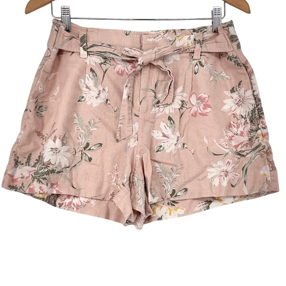 LOFT Outlet Pink Floral Linen Blend Tie Waist Shorts Womens Size Medium